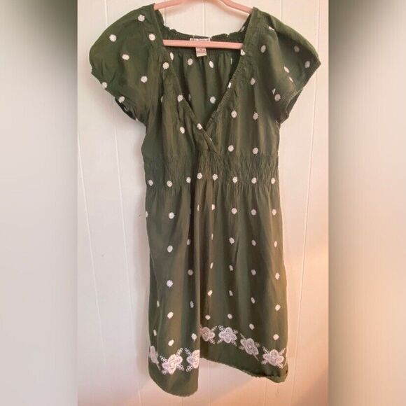 Cute Options Dress Women’s XL Green Cotton White Flowers Embroidered Midi Hippie - Picture 1 of 7